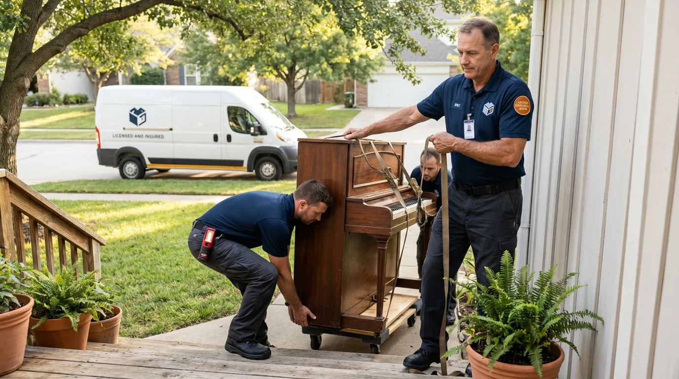 Licensed piano movers securing grand piano in Manhattan Beach, CA
