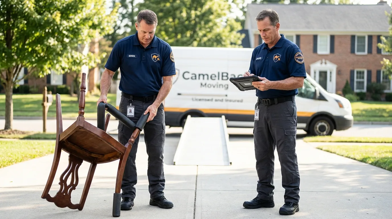 Movers inspecting furniture for damage prevention before loading in Manhattan Beach, CA