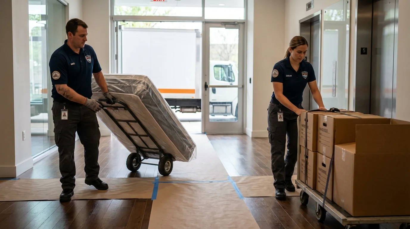 Professional apartment movers loading elevator in Manhattan Beach, CA